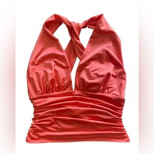 Guess Hot Coral Halter Top Stretchy Ruched Open Back Crisscross Sexy